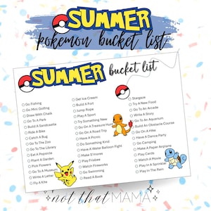 Peut inclure: Une liste de choses à faire pour l'été sur papier blanc, avec le texte "SUMMER pokemon bucket list". La liste comprend des activités comme "aller à la pêche", "attraper un insecte" et "jouer sous la pluie". Des confettis colorés entourent la liste.