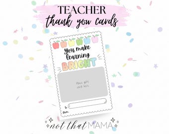 Rainbow Teacher Appreciation / Thank You Card - Gift Card Holder (Digital Download 5x7in PDF/JPG)