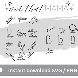 May include: A digital download of 18 black and white SVG and PNG files featuring the text "not that mama" and various hand-drawn illustrations of body parts, including biceps, triceps, and glutes.