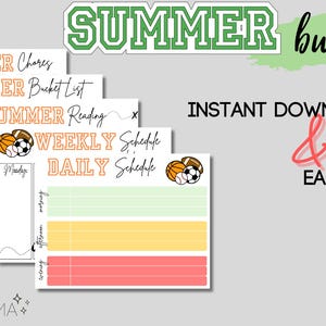 May include: A printable summer bundle with a green and white "SUMMER" title. The bundle includes a summer bucket list, summer reading list, weekly schedule, and daily schedule. Each printable features a sports theme with basketball, soccer, and baseball illustrations.
