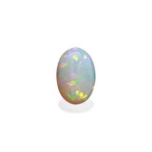 May include: An oval-shaped cabochon gemstone with a translucent, milky white base. The surface displays a vibrant play-of-color, featuring scattered flashes of neon green, bright yellow, and soft pink light across its smooth, polished dome.