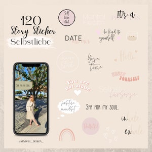 Könnte beinhalten: Eine Sammlung von 120 digitalen Stickern für Instagram-Storys. Die Sticker zeigen Sätze zum Thema Selbstfürsorge, mentale Gesundheit und positive Affirmationen. Einige der Sätze sind "Self Love Club", "Mental Health", "It's a Process", "Be Kind to Yourself", "Trust Yourself", "You are not alone", "Positive Mindset", "Spa for My Soul", "Real Talk", "Inhale Exhale" und "Happy Strike".