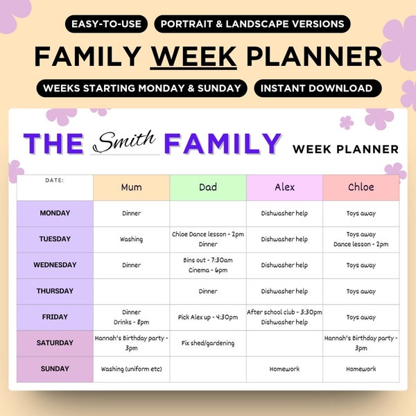 Easy To Use Family Week Planner, Editable Weekly Family Planner, Family Household Weekly Schedule, Family Organiser, Plan Your Family Week