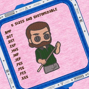 May include: An embroidered design of a cartoon man with a beard holding a stick, set within a blue embroidery hoop. The text "5 Sizes and Customizable" is above the design, with file format extensions listed below.