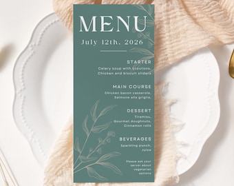 Sage Green Wedding Menu Template | Simple Wedding Menu | Modern Wedding Menu | Editable Menu | Printable Menu Card | Instant Download