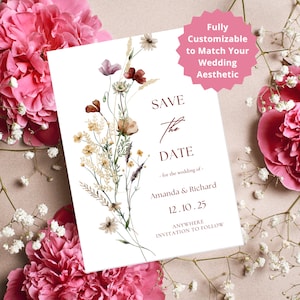 Your personalized touch: An image spotlighting a budget-friendly, customizable Canva template featuring a mesmerizing wildflower design, tailored to infuse your wedding stationery with your distinctive style and charm.