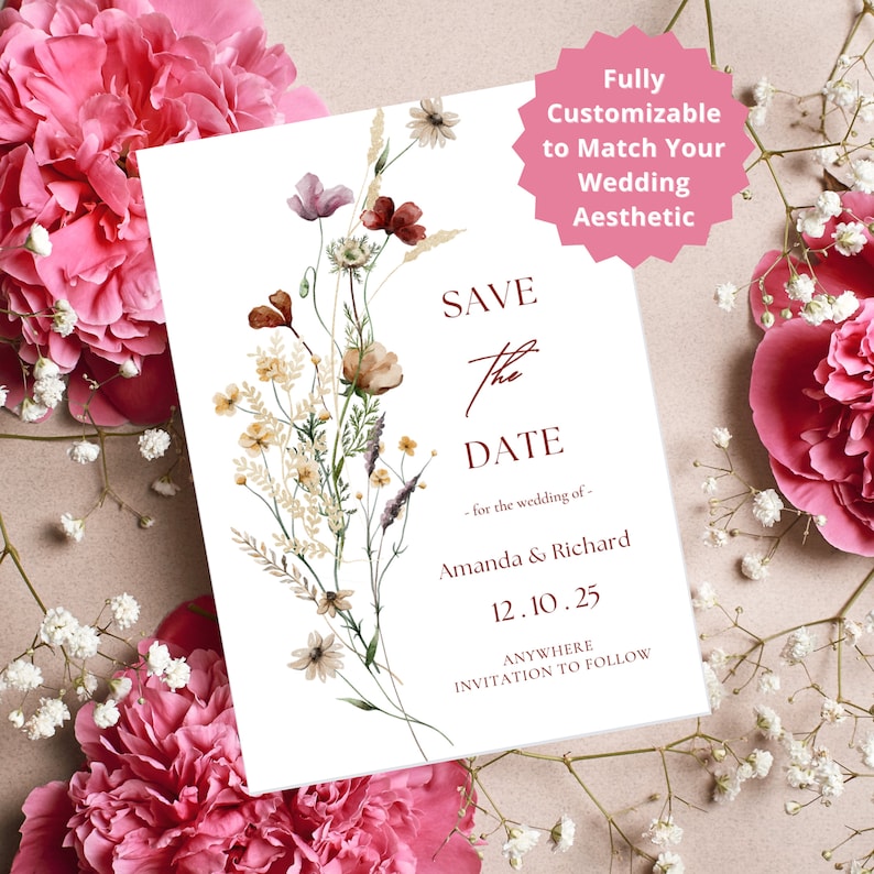 Your personalized touch: An image spotlighting a budget-friendly, customizable Canva template featuring a mesmerizing wildflower design, tailored to infuse your wedding stationery with your distinctive style and charm.