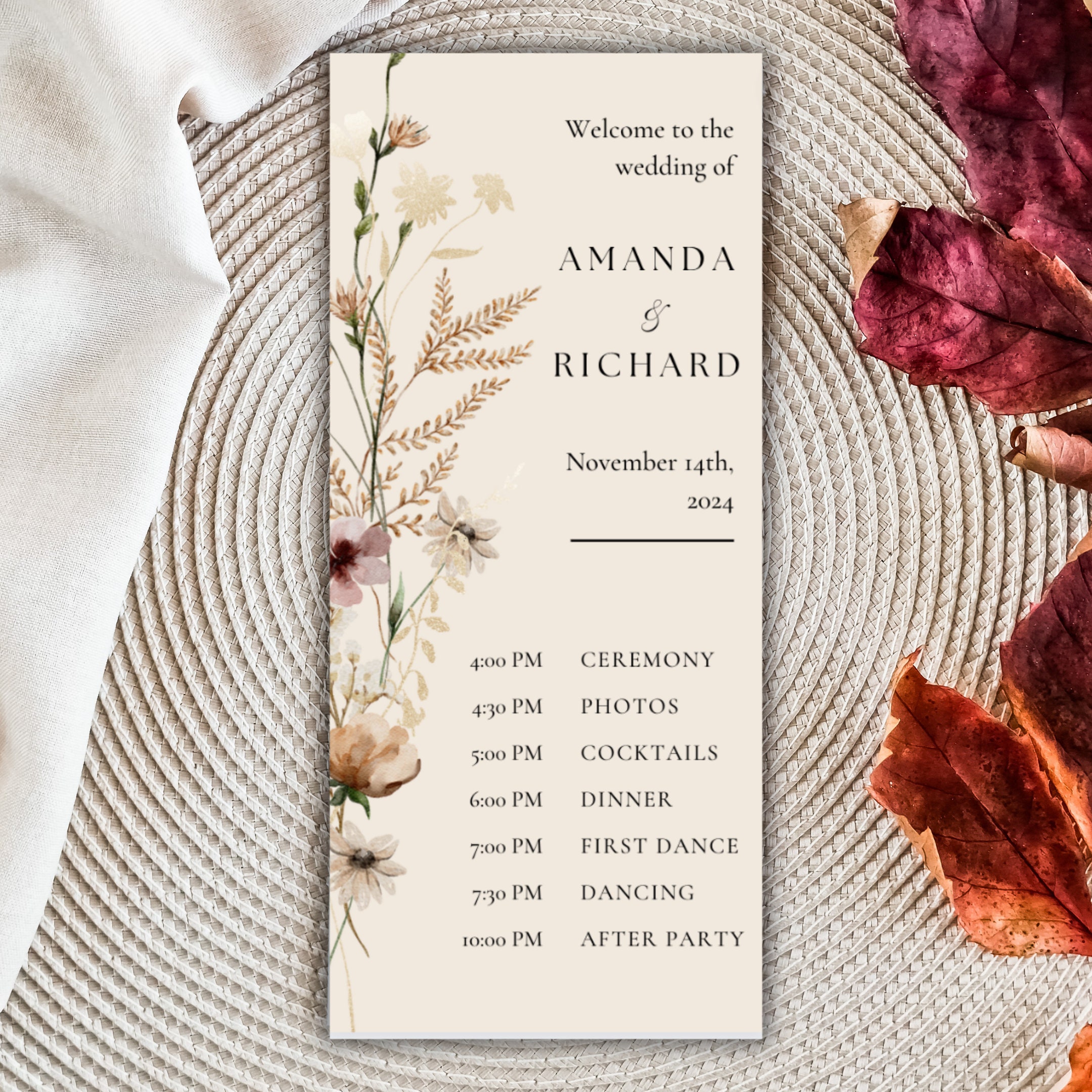 Wildflower Wedding Program Template | Printable Wedding Day Itinerary ...
