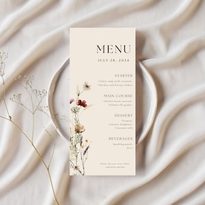 Plantilla de menú de boda de flores silvestres / Menú floral boho / Menú editable 4X9 / Plantilla de tarjeta de menú de boda / Menú imprimible / Menú de boda DIY
