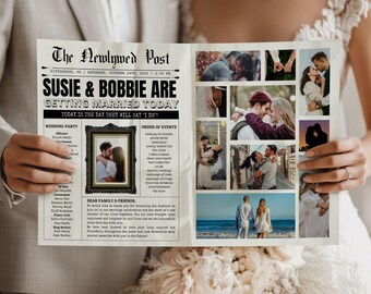 Printable Wedding Newspaper Program, Canva Template, Newspaper Wedding Program, Infographic Ceremony Newspaper Schedule, Wedding Crossword