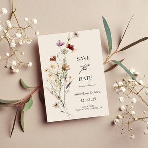 Don’t wait! A visual delight showcasing a vibrant 5” x 7” Save the Date Card adorned with a beautiful wildflower design, ensuring your wedding announcement stands out with its unique allure and charm.