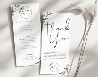 Hochzeits-Menükarte | Hochzeitsmenü Danke | Moderne Menü- und Dankes-Karte | Serviettenhinweis Dankeskarten-Set | Druckbare Karte