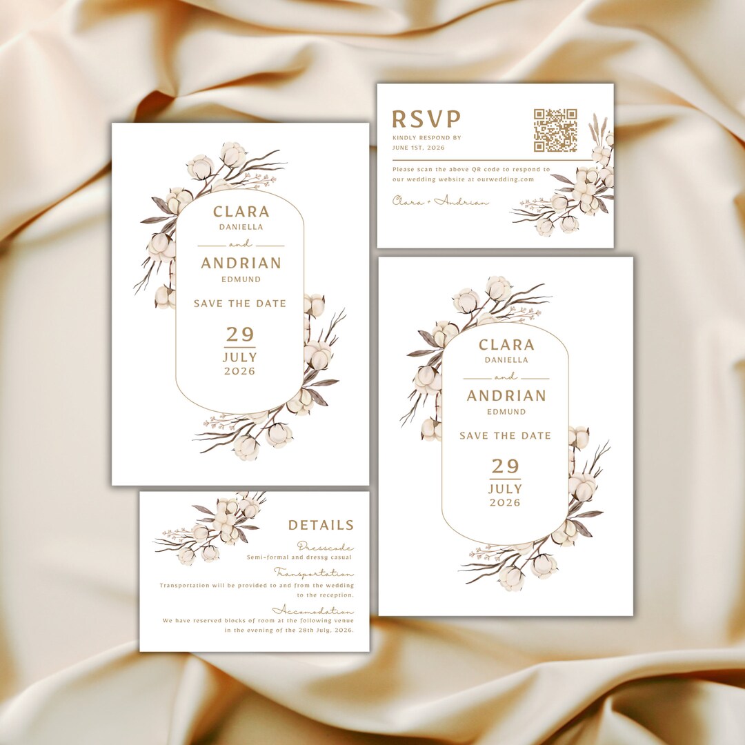Wedding Invitation Suite Template With QR Code | Details Card & RSVP QR ...