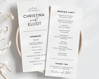 May include: Wedding ceremony program with black text on white paper. The program lists the order of events for the ceremony, including the prelude, seating of parents, processional, opening words, readings, exchange of vows and ring, prayer, presentation of couple, and recessional. The program also lists the wedding party, including the parents of the bride and groom, the officiant, maid of honor, bridesmaids, best man, and groomsmen. The program ends with a thank you message to the guests.