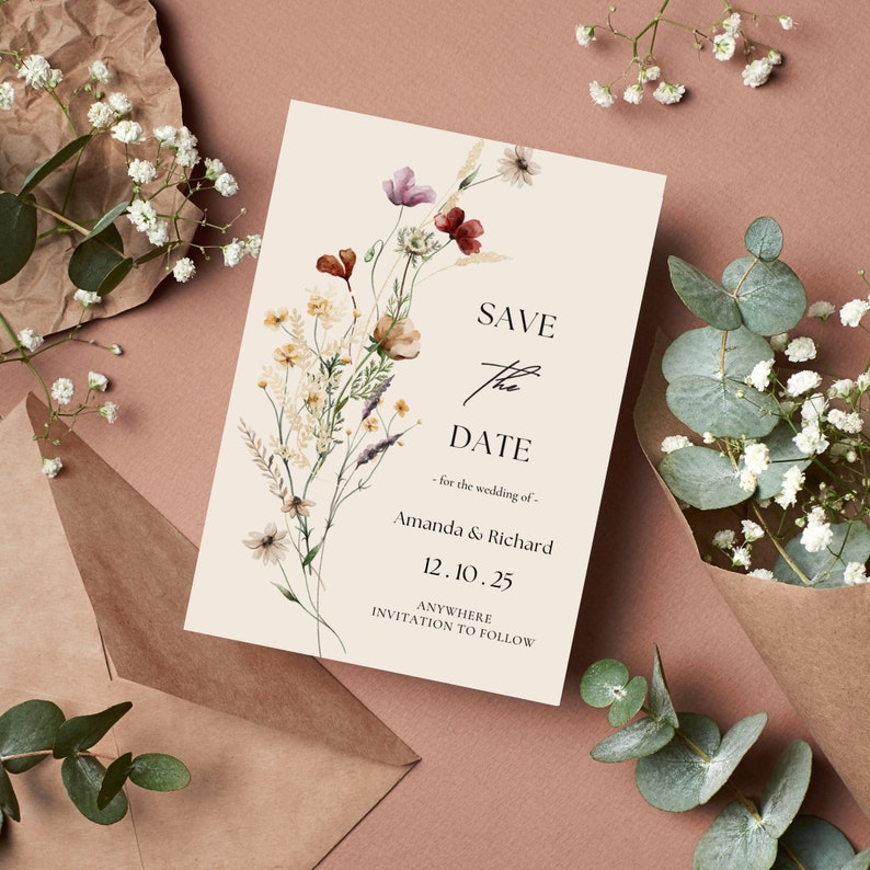 Dive into creativity with this photo of an easily editable wildflower design, offering a canvas to bring your unique vision to life for your save-the-date cards, ensuring your celebrations begin with an exquisite touch!