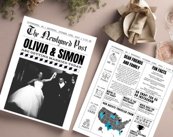 Wedding Newspaper Template w/ Photo, Wedding Newspaper Template, Wedding Program, Newlywed Times, Editable Ceremony Newspaper Itinerary
