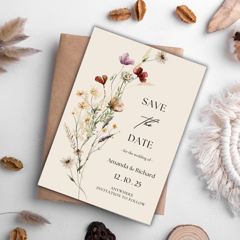 An image display of a captivating wildflower-themed wedding save the date template available for immediate digital download, empowering you to craft an unforgettable wedding announcement effortlessly.
