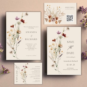 Wildblumen-Hochzeits-Einladungs-Set-Vorlage | Save The Date | Blumenhochzeit einladen | Boho Hochzeit einladen Set | Sofortdownload | Leinwand