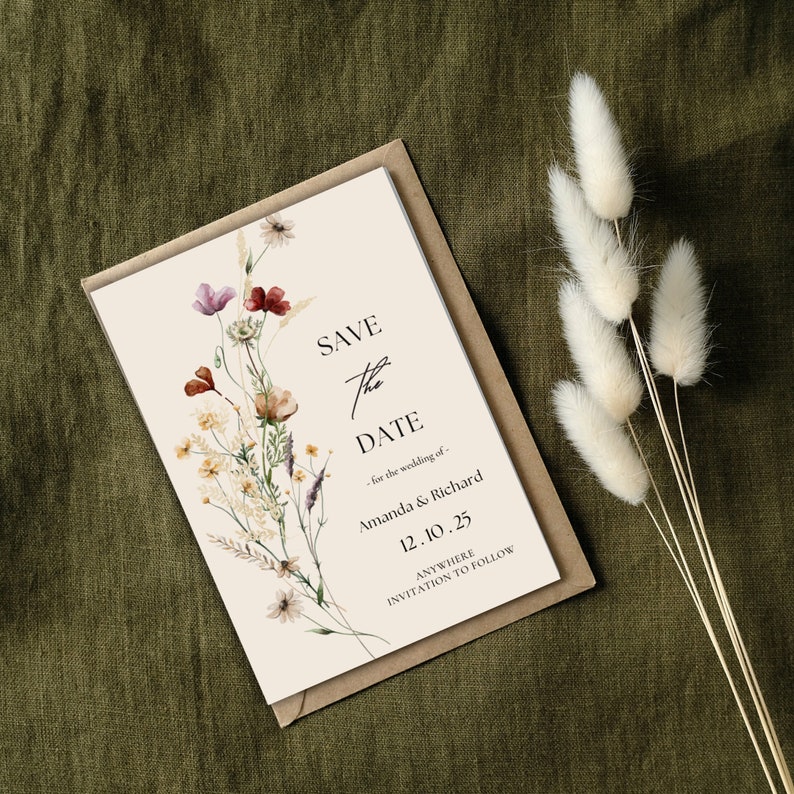 Create your story: A snapshot presenting an easily customizable wildflower-themed save-the-date card, providing a delightful canvas to set the tone for your special day and tell your unique love story!