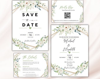 Greenery Wedding Suite | Wedding Invitation with QR Code | Eucalyptus Wedding Invite Template | Editable Wedding Invite | Botanical Wedding