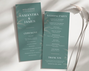 Könnte beinhalten: Ein blaugrünes Hochzeits-Programm mit weißen floralen Illustrationen. Das Programm listet die Reihenfolge der Zeremonie und die Hochzeitsgesellschaft auf. Der Text lautet "Willkommen zur Hochzeit von Samantha & James" und "Hochzeitsgesellschaft".