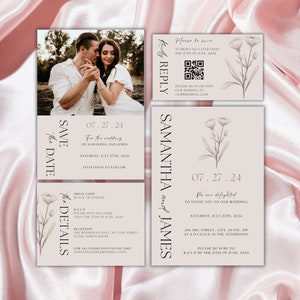Boho Wedding Invitation Suite | Photo Wedding Invitation with QR Code | Modern Wedding Invite Template | Editable Minimalist Wedding Invite