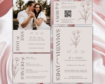 Boho Wedding Invitation Suite | Photo Wedding Invitation with QR Code | Modern Wedding Invite Template | Editable Minimalist Wedding Invite
