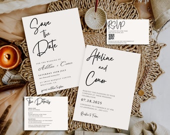 Minimalist Wedding Invite Suite | Minimalist Wedding Invitation Templates | QR Code RSVP | Editable Canva Template | Instant Download