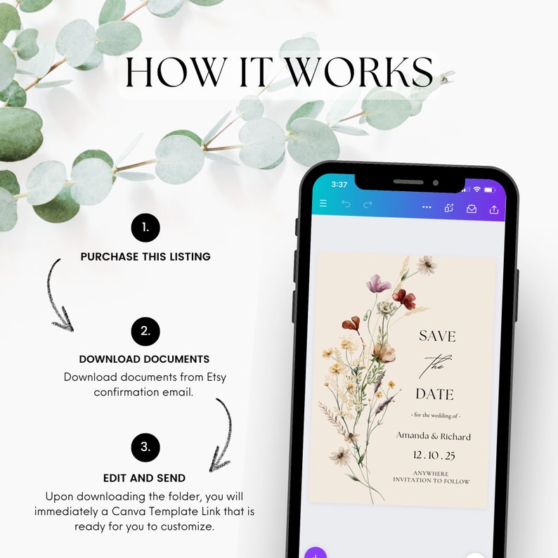 An instructional image outlining the steps for using the product. Text reads: How does this work? Step 1: Purchase the listing. Step 2: Download the PDF. Step 3: Click the link and begin editing your Canva templates.