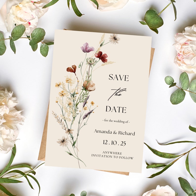 A photo of a vibrant 5” x 7” Save the Date Card adorned with a stunning and unique wildflower design in delightful hues of pink, yellow, green, and more, perfect for your dream wedding announcements!