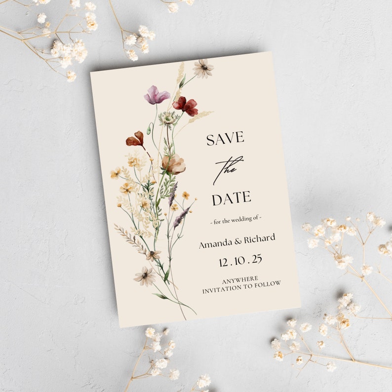 An image showcasing a customizable Canva template featuring beautiful wildflower blooms in a palette of pink, yellow, green, and other charming tones, tailored for personalized wedding stationery.