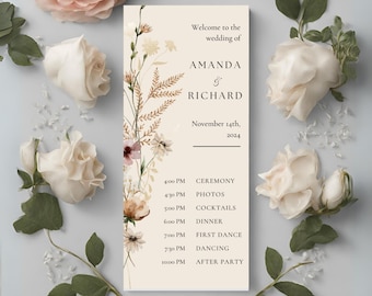Modèle de programme de mariage de fleurs sauvages | Itinéraire imprimable le jour du mariage | Chronologie du programme de mariage | Modèle de programme de cérémonie de mariage
