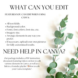 Editable Canva features: Customize text, background, fonts, image sizes, and arrangement. Upload personal pictures for full customization. Includes PDF tutorial and YouTube videos for guidance.