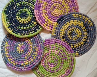 Up ciclo tejido trivet alegre mesa de cena colorida decoración boho reciclado enrollado espiral algodón rafia único estilo hippie hogar