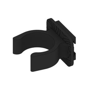 May include: A black plastic clip with a curved, U-shaped opening and a rectangular base. The base has a textured surface. The clip is designed to hold an object.