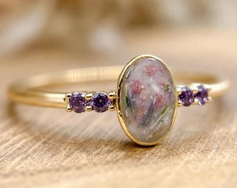 Wedding Flowers Inclusion Ring | Gift for Bride | Memorial Keepsake Jewelry | Oval Halo | Solid Gold |