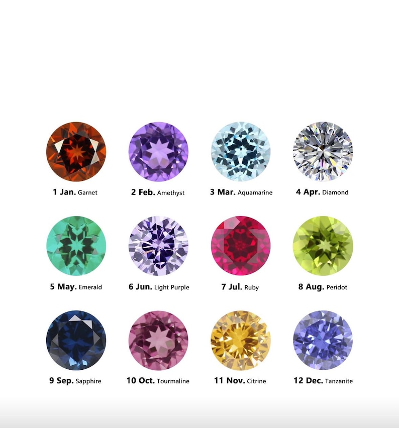 May include: A collection of twelve gemstones, each representing a month of the year. The gemstones include garnet, amethyst, aquamarine, diamond, emerald, light purple, ruby, peridot, sapphire, tourmaline, citrine, and tanzanite.