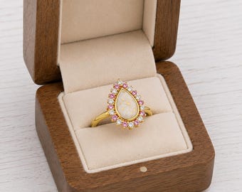 Birthstone Keepsake Ring | Gold Plated Halo | Memorial Jewelry | Resin Inclusions