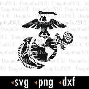 Puede incluir: Silueta en blanco y negro del emblema del Cuerpo de Marines de los Estados Unidos. El emblema presenta un águila con las alas extendidas posada sobre un globo terráqueo, con un ancla envuelta alrededor del globo.