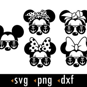Puede incluir: Imágenes en silueta negra y blanca de Mickey Mouse y Minnie Mouse con gafas de sol con detalles de ancla. Los personajes llevan diferentes diademas y lazos.