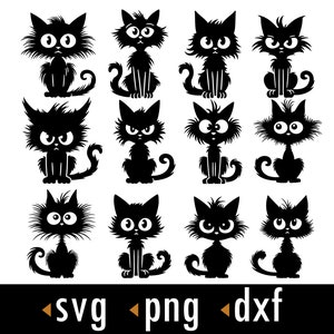 Puede incluir: Una colección de 12 ilustraciones de gatos negros en varias poses y expresiones. Cada silueta de gato tiene un diseño único, con diferentes formas de ojos y texturas de pelaje. La imagen incluye el texto "svg png dxf" en la parte inferior.
