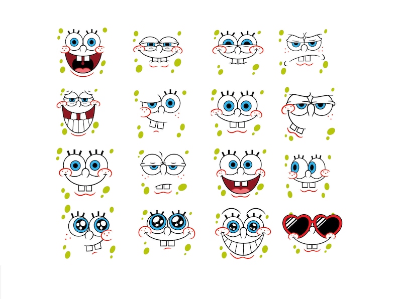 May include: A collection of sixteen cartoon faces, each depicting a different expression. The faces are square, yellow, and feature large blue eyes, a wide smile, and a few teeth. Some faces have sunglasses, and all are set against a white background with green spots.