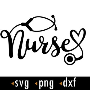 Könnte beinhalten: Schwarzweißes Grafikdesign eines Stethoskops mit einem Herzen und dem Wort "Nurses" in Kursivschrift.