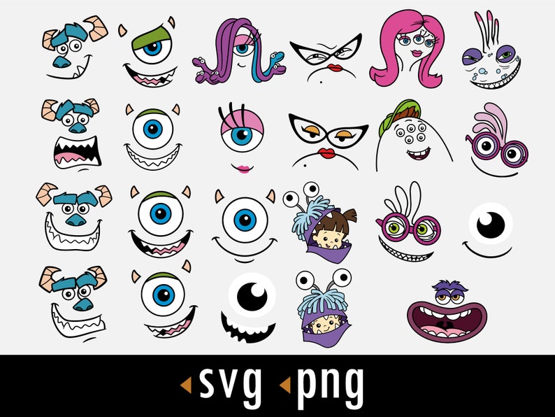 Puede incluir: Un conjunto de 16 caras de monstruos de dibujos animados coloridos, que incluyen un monstruo morado con tres ojos, un monstruo azul con un ojo y un monstruo rosa con un solo ojo. Las caras son todas sonrientes o frunciendo el ce&ntilde;o, y algunas tienen dientes.