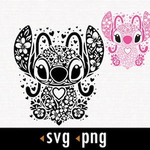 Puede incluir: Silueta en blanco y negro de un personaje de Stitch con detalles florales y corazones. El personaje está rodeado de un patrón de flores y corazones.