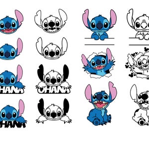 Puede incluir: Un conjunto de 10 imágenes de clipart digital que presentan a Stitch de Lilo & Stitch. Las imágenes muestran a Stitch en varias poses, incluyendo sonriendo, asomándose por encima de un cartel y sosteniendo un cartel que dice "Ohana". Algunas imágenes están en color, mientras que otras están en blanco y negro.