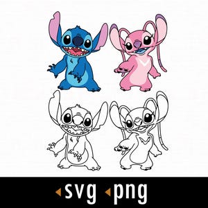 Puede incluir: Un gráfico digital con cuatro personajes de dibujos animados. Dos son en color: una criatura azul con orejas grandes y una criatura rosa. Los otros dos son dibujos lineales en blanco y negro de los mismos personajes. La parte inferior de la imagen tiene el texto "svg png".