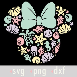 May include: A light blue bow with a pastel pink, yellow, and purple seashell and starfish design. The design is in the shape of a mouse head.