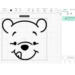 May include: Black and white line art illustration of Winnie the Pooh's face. The illustration shows Pooh's face with a big smile and his tongue sticking out.