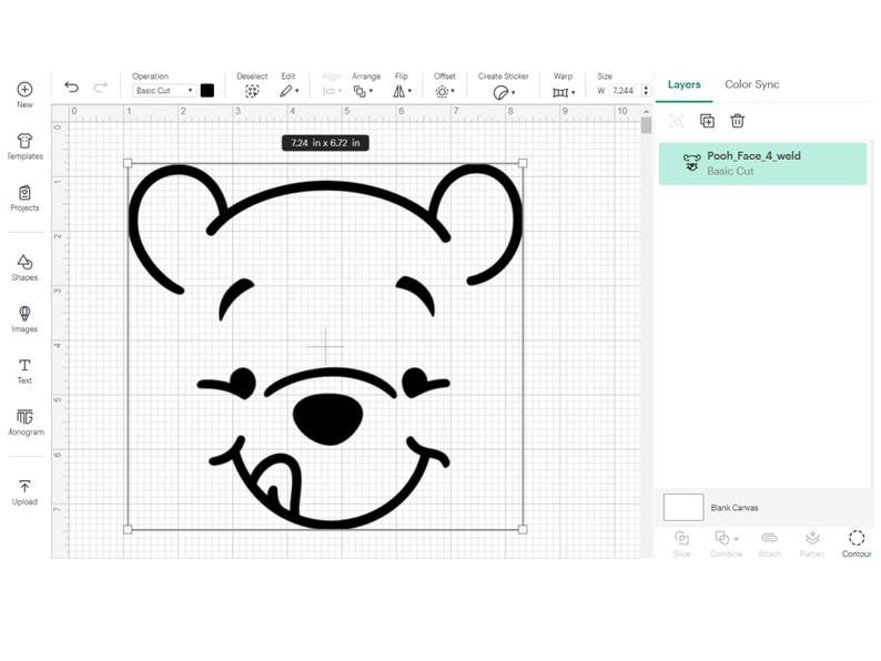 May include: Black and white line art illustration of Winnie the Pooh's face. The illustration shows Pooh's face with a big smile and his tongue sticking out.